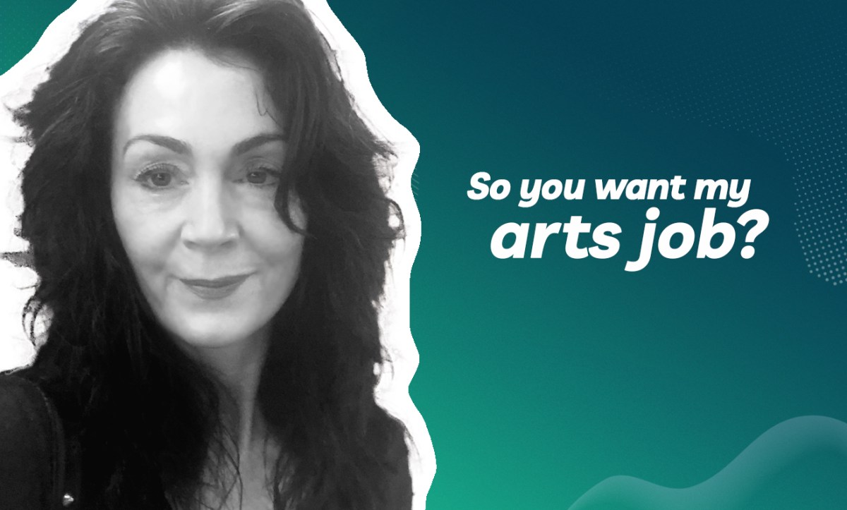 A photo of the face of drama therapist Anne Gollan with the text 'so you want my arts job?'