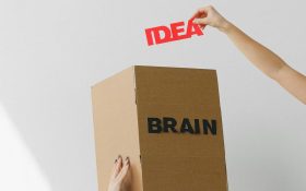 A strong project proposal can take idea into reality. Photo of a figure wearing a cardboard box on their head with the letters ‘BRAIN’. Above it is a hand holding the word ‘IDEA’ in red.