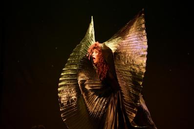 A woman with brown curly hair is wearing an elaborate golden costume that covers her entire body.