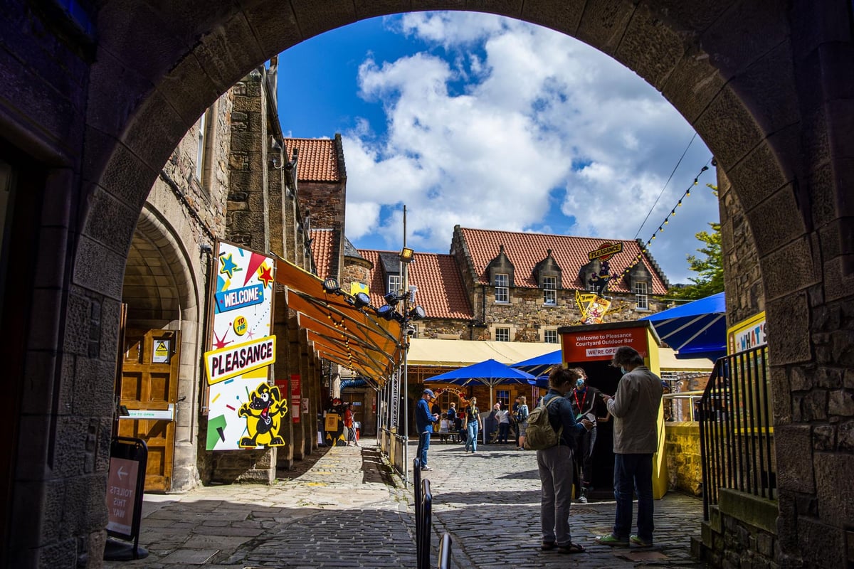 A courtyard of a performing arts space seen through an archway. The Pleasance.