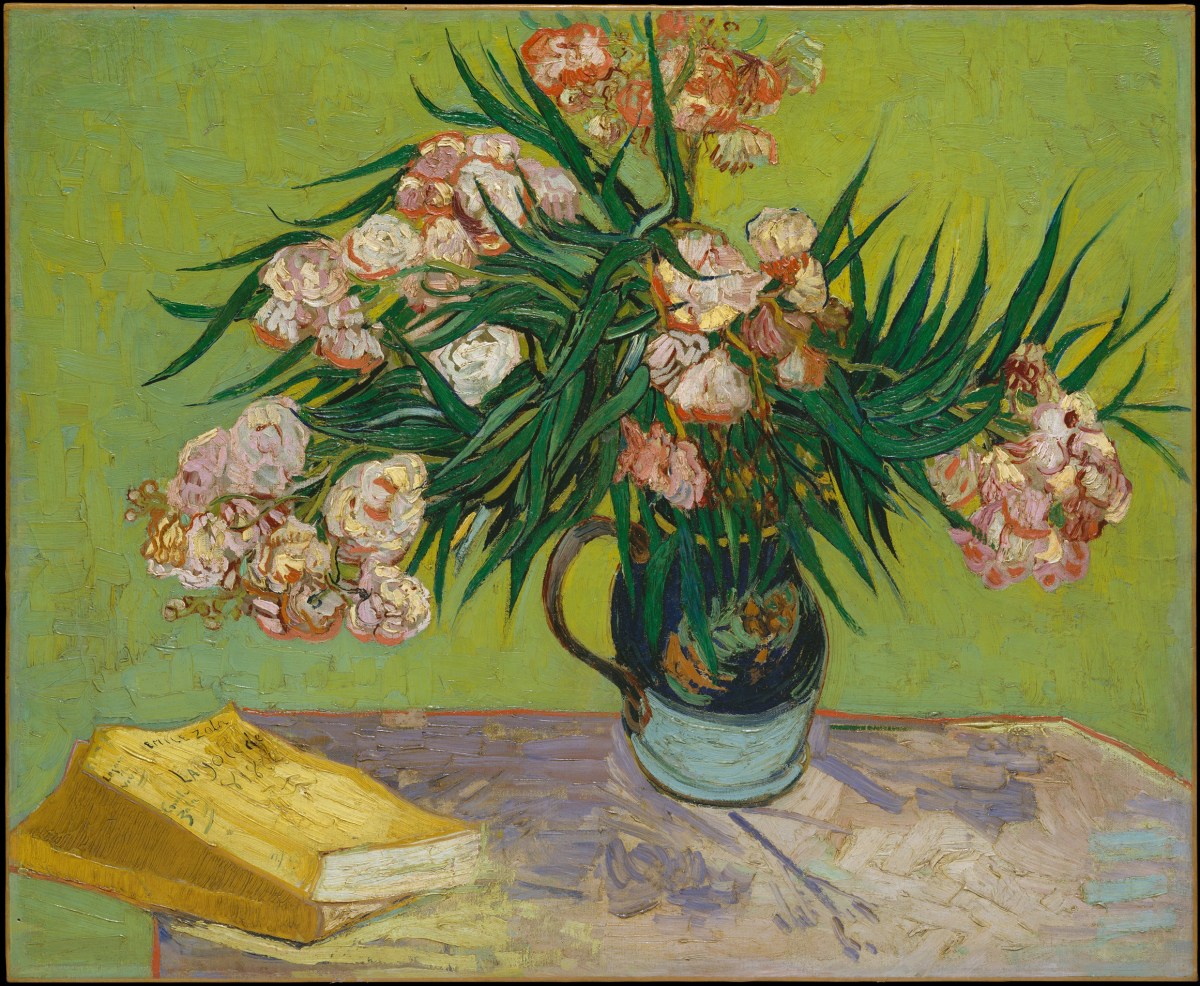 A painting by Vincent Van Gogh of some oleanders in a jug with a handle or a table, a yellow book lies next to them.