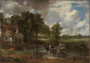 A landscape scene, 'The Hay Wain' by John Constable, featuring a wagon in shallow waters near a cottage on the left.