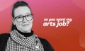 Tonya Meyrick, Guest Curator of Geelong Design Week. A middle-aged woman in black and white wearing black frame glasses and a checkered scarf on a red background with the text “So you want my arts job?”