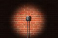 A spotlight on a brick wall and in the middle a stand with an old fashioned microphone. Comedy festival season.