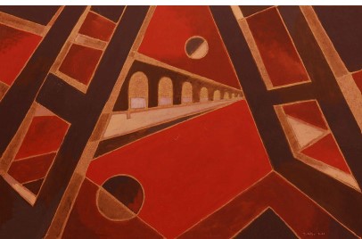 abstract geometric painting in shades of red of a viaduct and infrastructure. da Silva